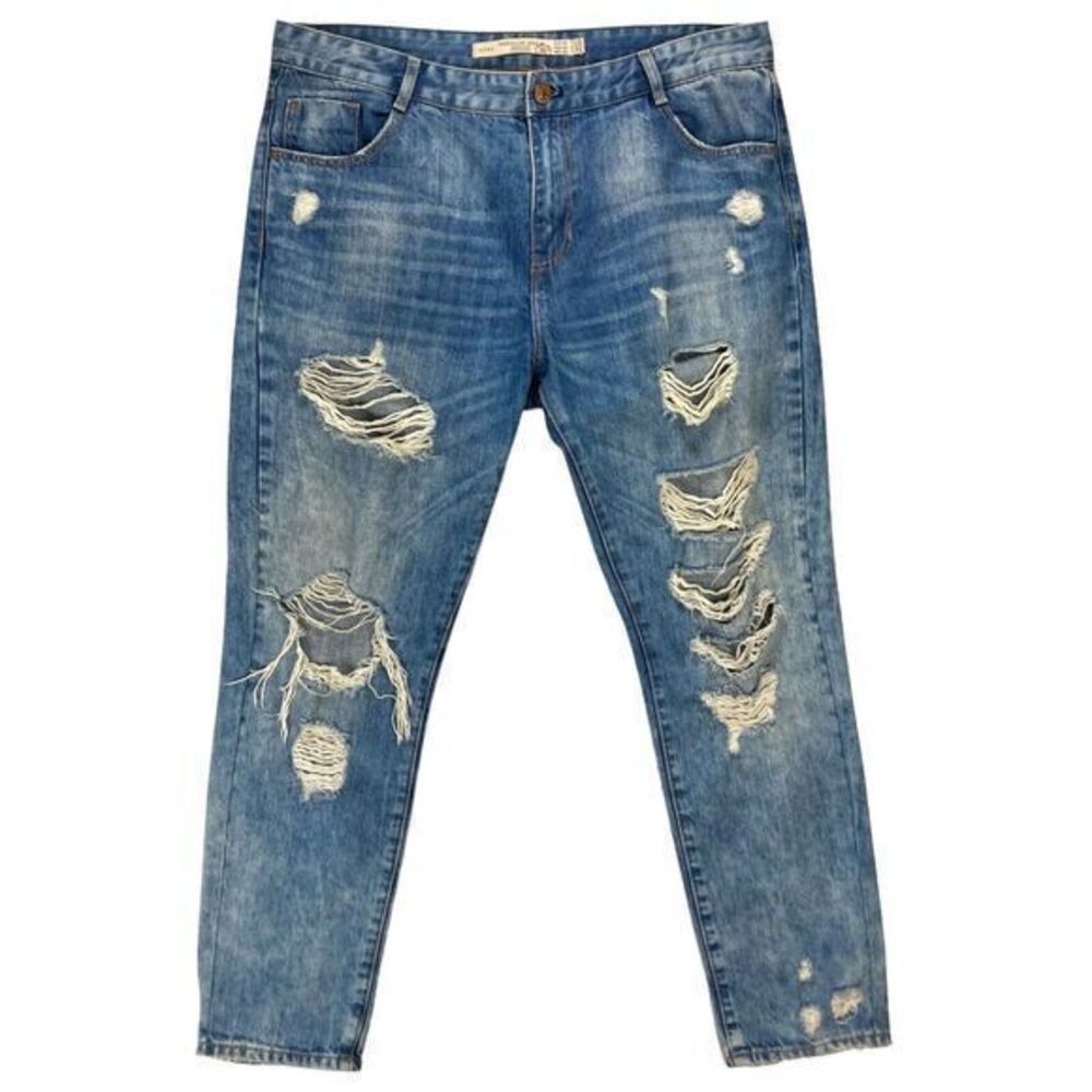 Zara Premium Wash Jeans Women 6 Blue Stone Wash Trafaluc Distressed Straight